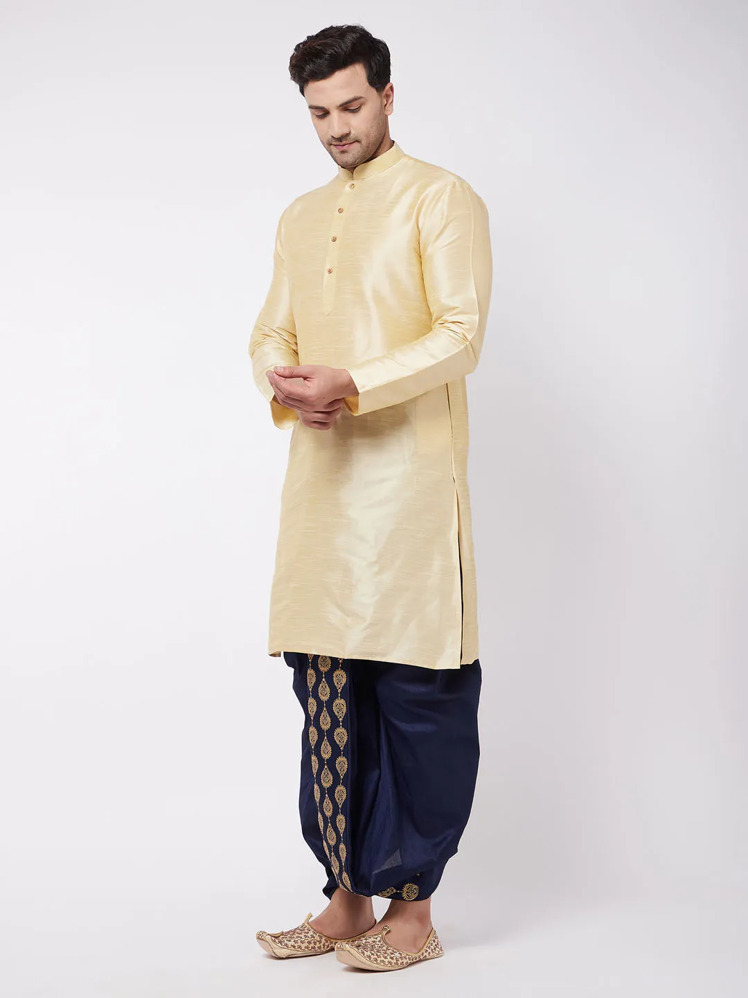 Jashvi Men's Gold And Navy Blue Silk Blend Kurta And Dhoti Set