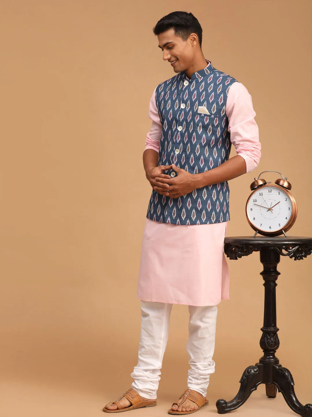 Jashvi Men's Gray Printed Cotton Nehru Jacket With Pink Kurta And White Pyjama Set