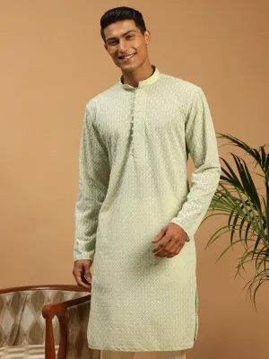 Jashvi Men's Green Embroidery Worked Georgette Kurta