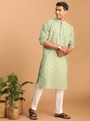 Jashvi Men's Green Geometric Booti Jacquard Kurta with White Pant Set