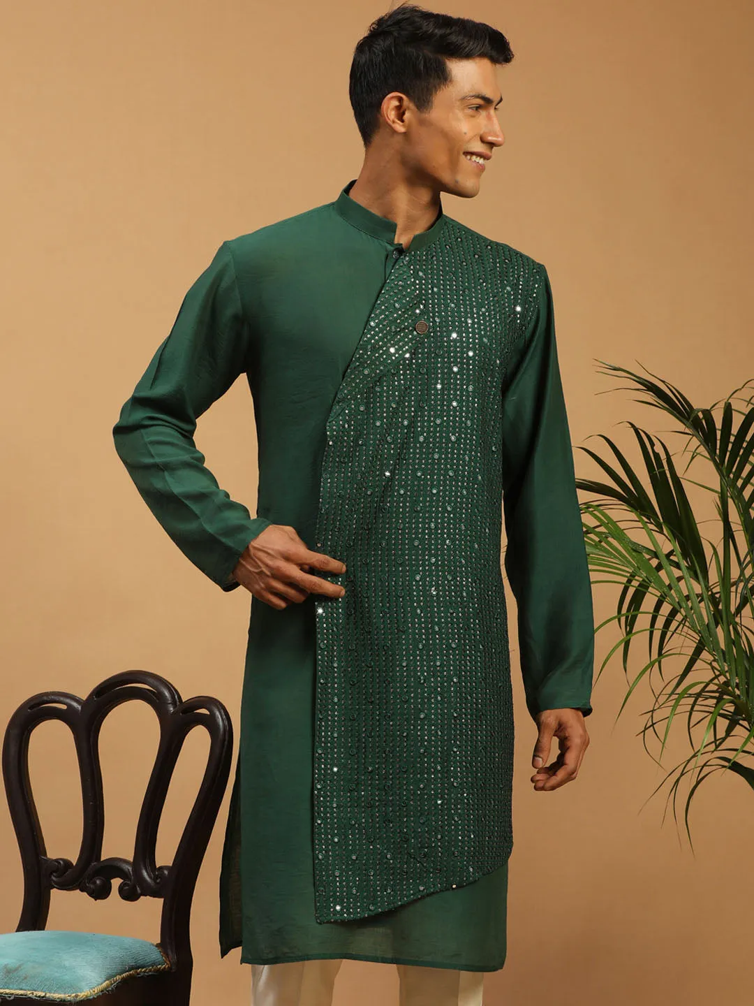 Jashvi Men's Green Sequined Layered Kurta