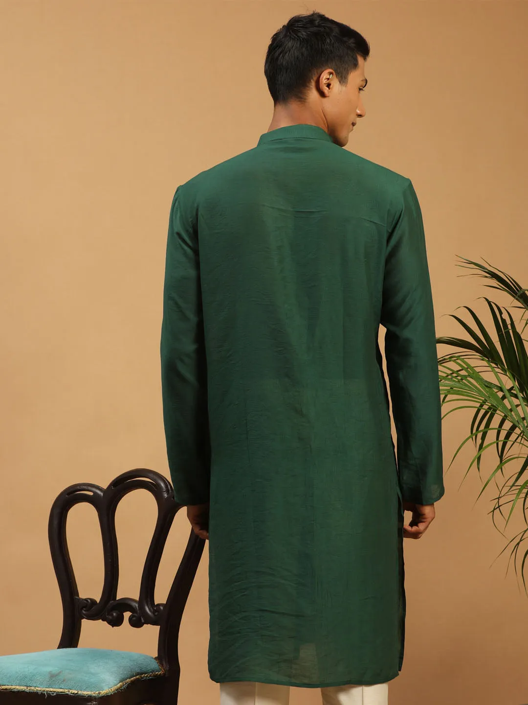 Jashvi Men's Green Sequined Layered Kurta