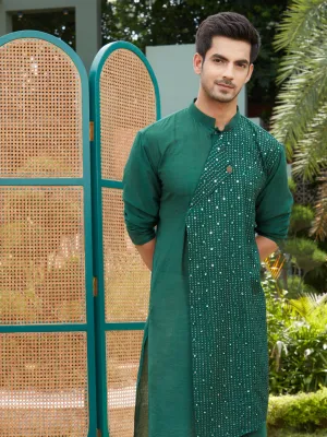 Jashvi Men's Green Sequined Layered Kurta