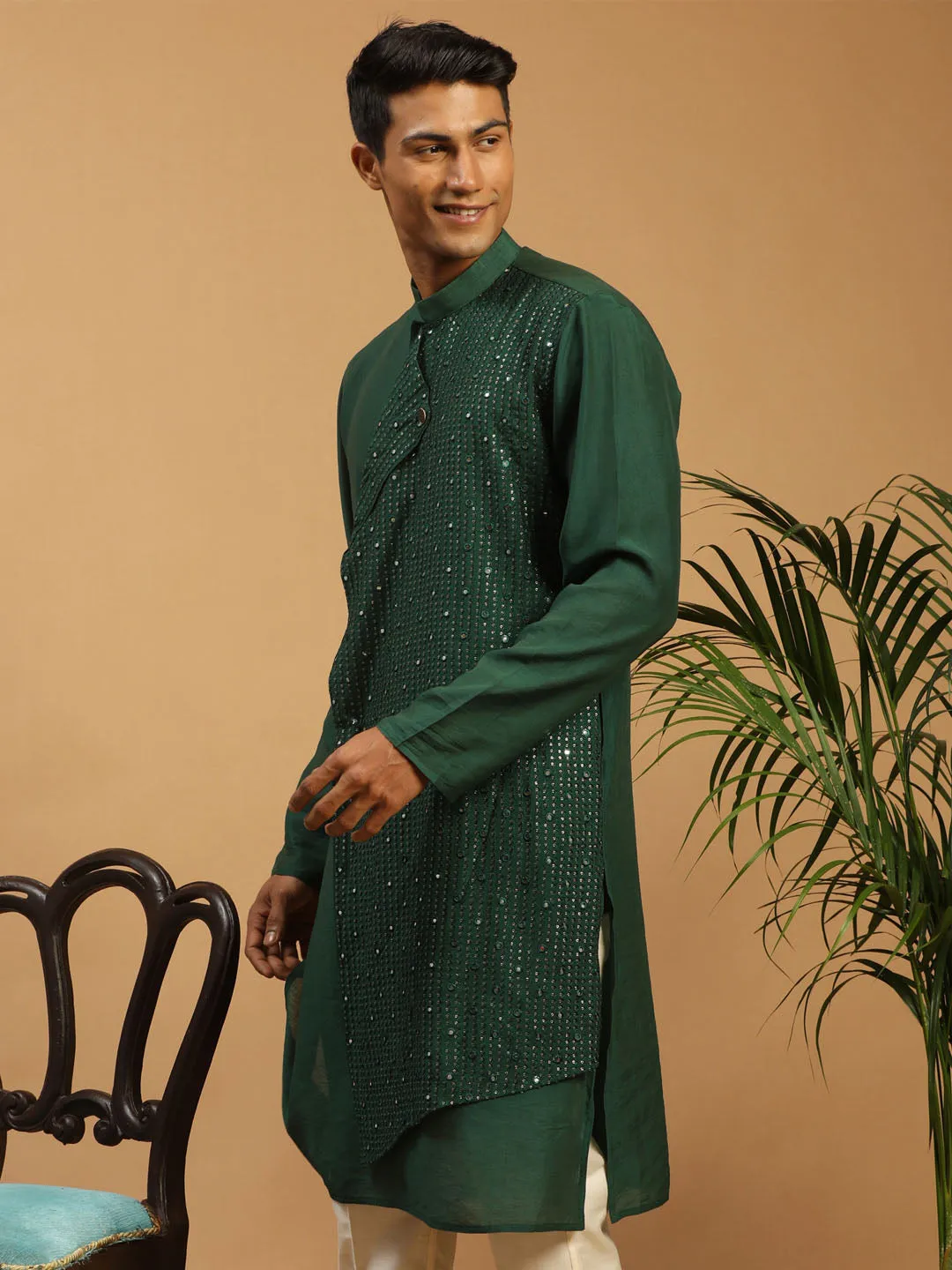 Jashvi Men's Green Sequined Layered Kurta