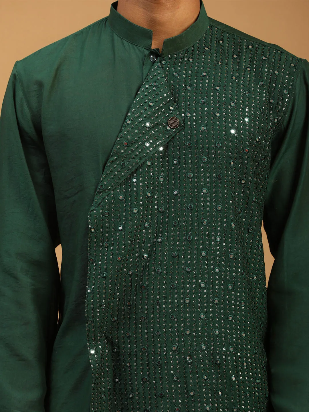 Jashvi Men's Green Sequined Layered Kurta