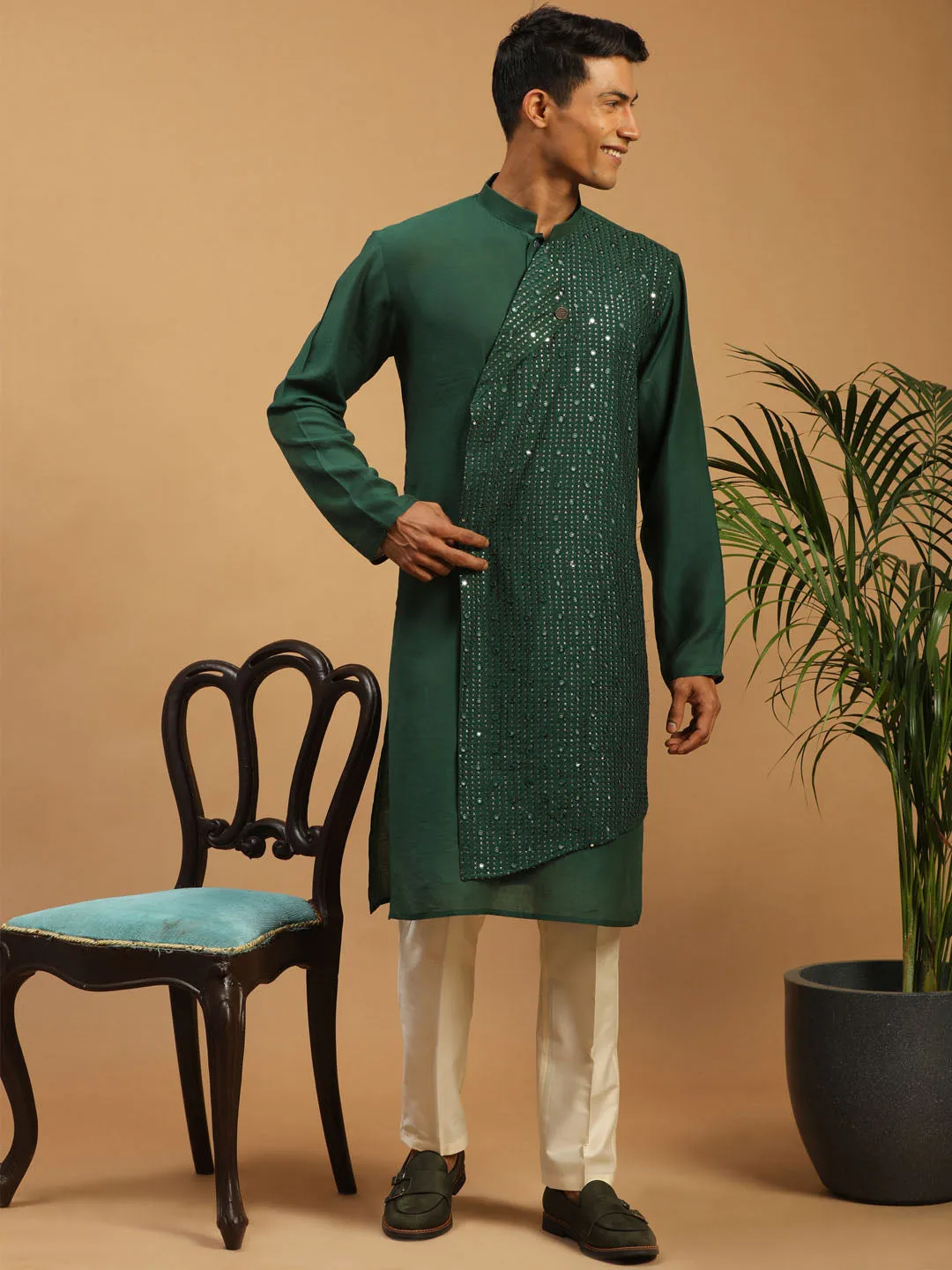 Jashvi Men's Green Sequined Layered Kurta