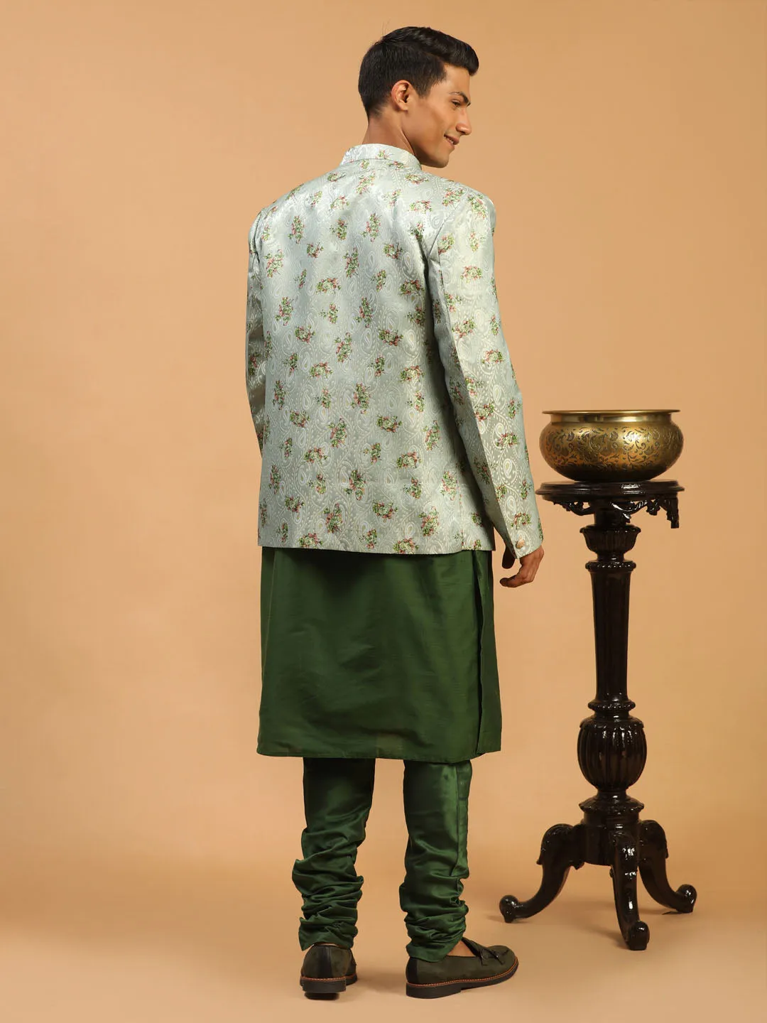 Jashvi Men's Green Woven Design Jodhpuri And Green Kurta Pyjama Set