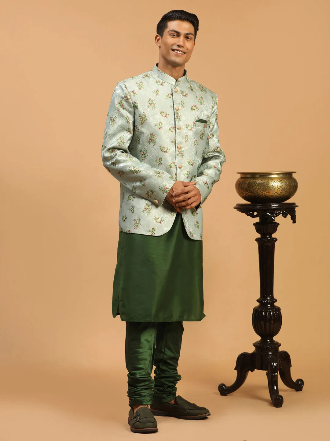 Jashvi Men's Green Woven Design Jodhpuri And Green Kurta Pyjama Set