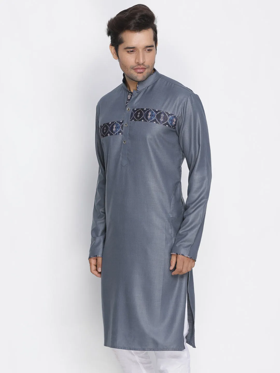 Jashvi Men's Grey Color Cotton Blend Kurta