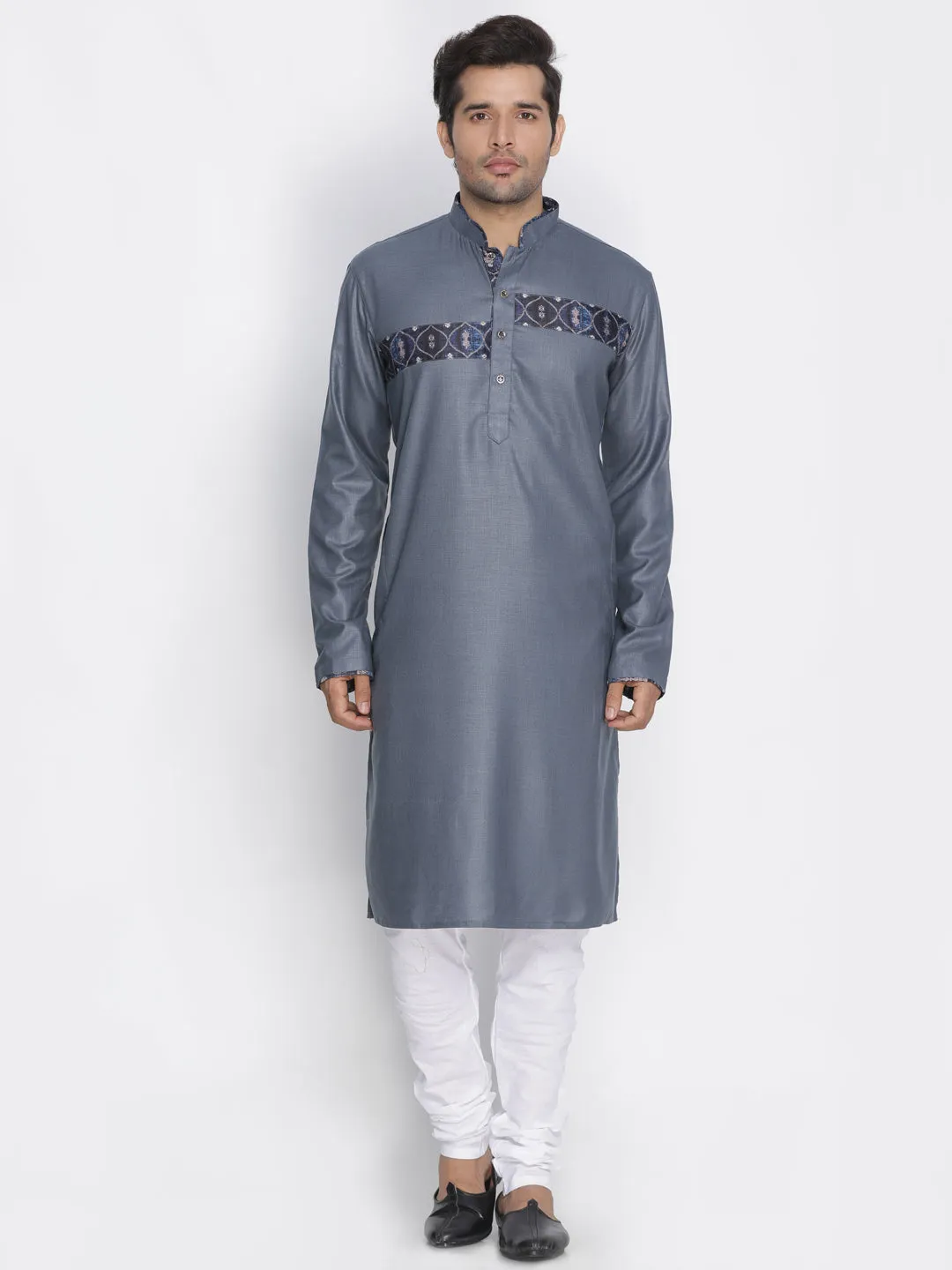 Jashvi Men's Grey Color Cotton Blend Kurta