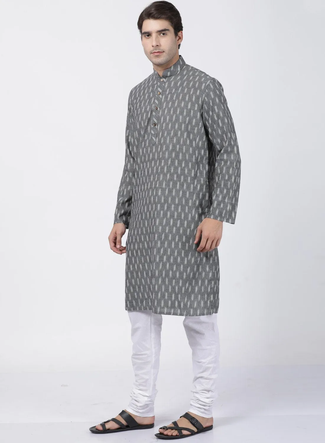 Jashvi Men's Grey Pure Cotton Kurta and Churidar Set