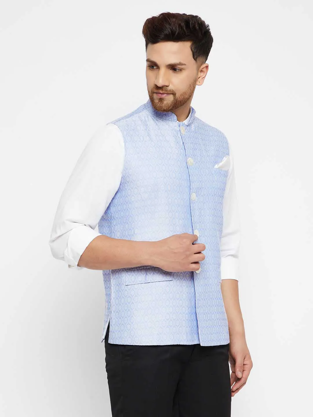 Jashvi Men's Lavender acquard Nehru Jacket