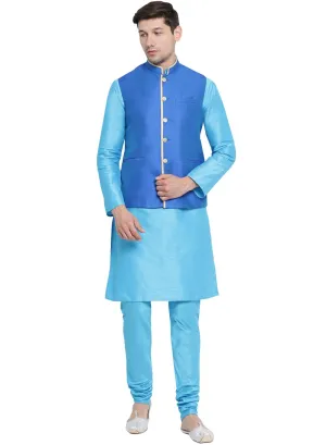 Jashvi Men's Light Blue Cotton Silk Blend Kurta, Ethnic Jacket and Pyjama Set