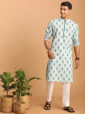 Jashvi Men's Light Green Ethnic Motif Printed Kurta with White Pant Set