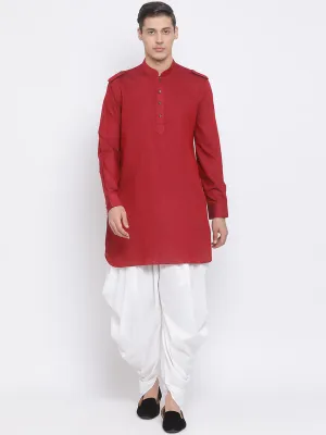 Jashvi Men's Maroon Cotton Blend Kurta and White Dhoti Set