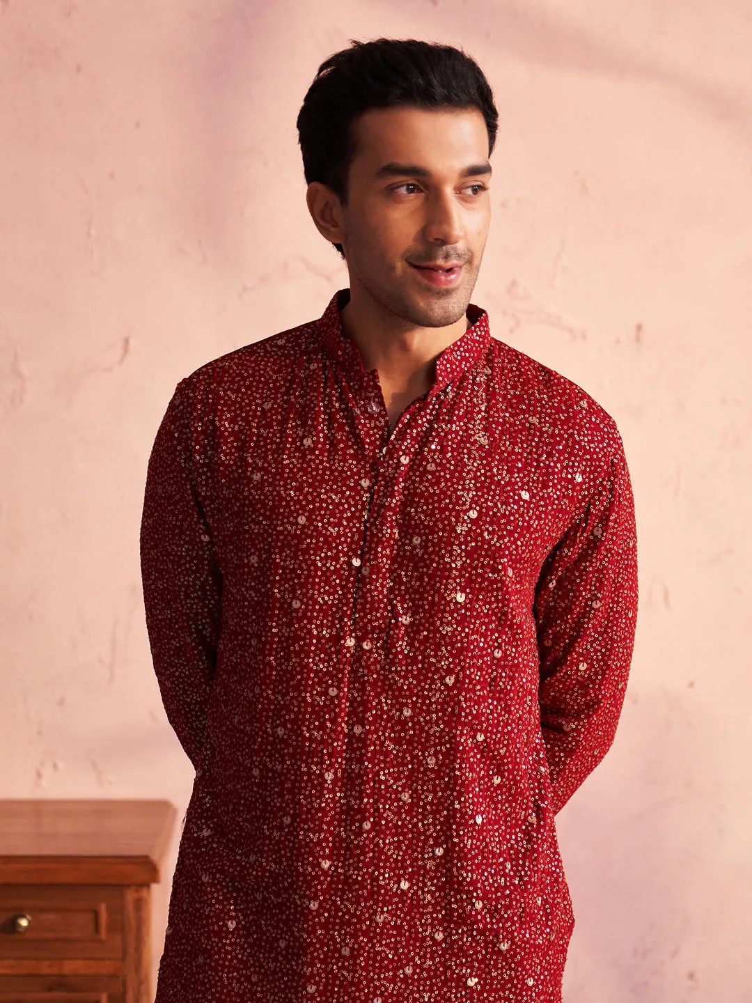 Jashvi Men's Maroon Georgette Zari With Sequins Worked Kurta pant Set