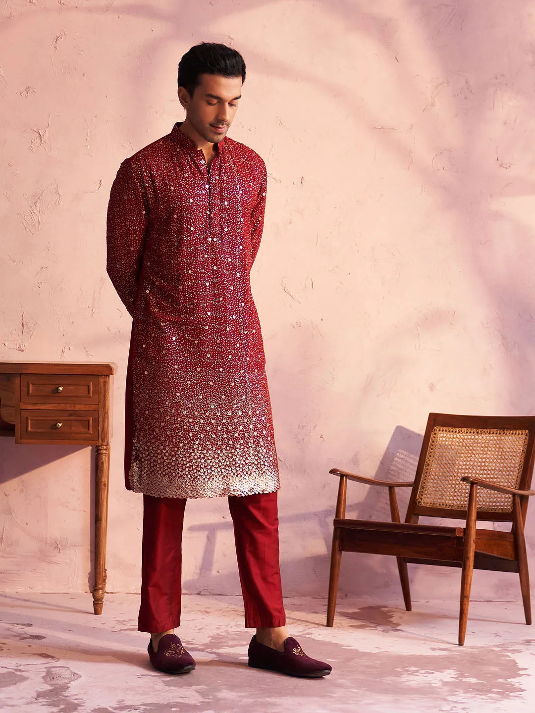 Jashvi Men's Maroon Georgette Zari With Sequins Worked Kurta pant Set