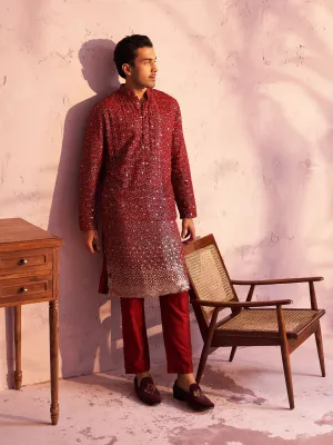 Jashvi Men's Maroon Georgette Zari With Sequins Worked Kurta pant Set