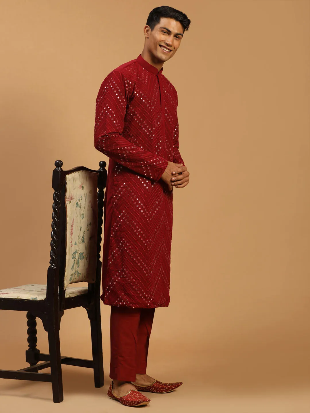 Jashvi Men's Maroon Mirror Kurta pant Set