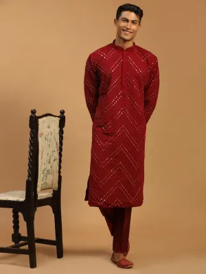 Jashvi Men's Maroon Mirror Kurta pant Set