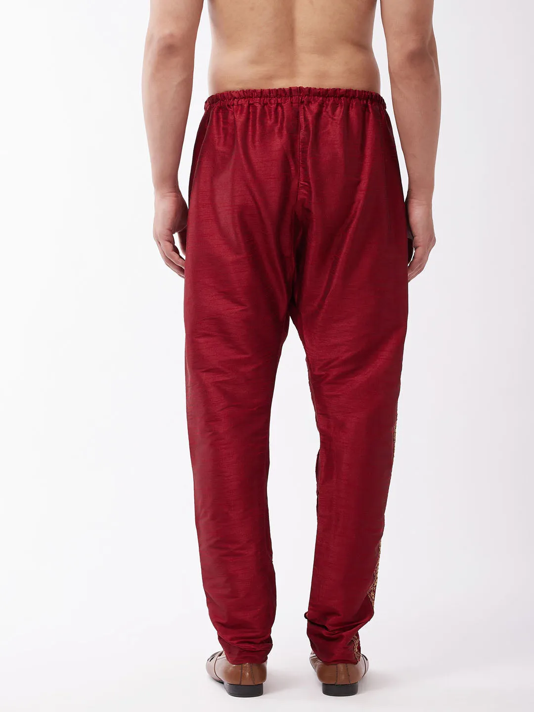 Jashvi Men's Maroon Silk Blend Embroidered Pyjama