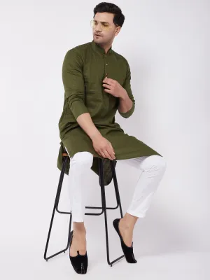 Jashvi Men's Mehendi Green Solid Cotton Blend Kurta And White Cotton Pant Set