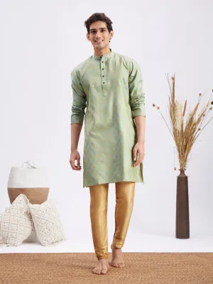 Jashvi Men's Mint Green and Rose Gold Woven Kurta Pant Set