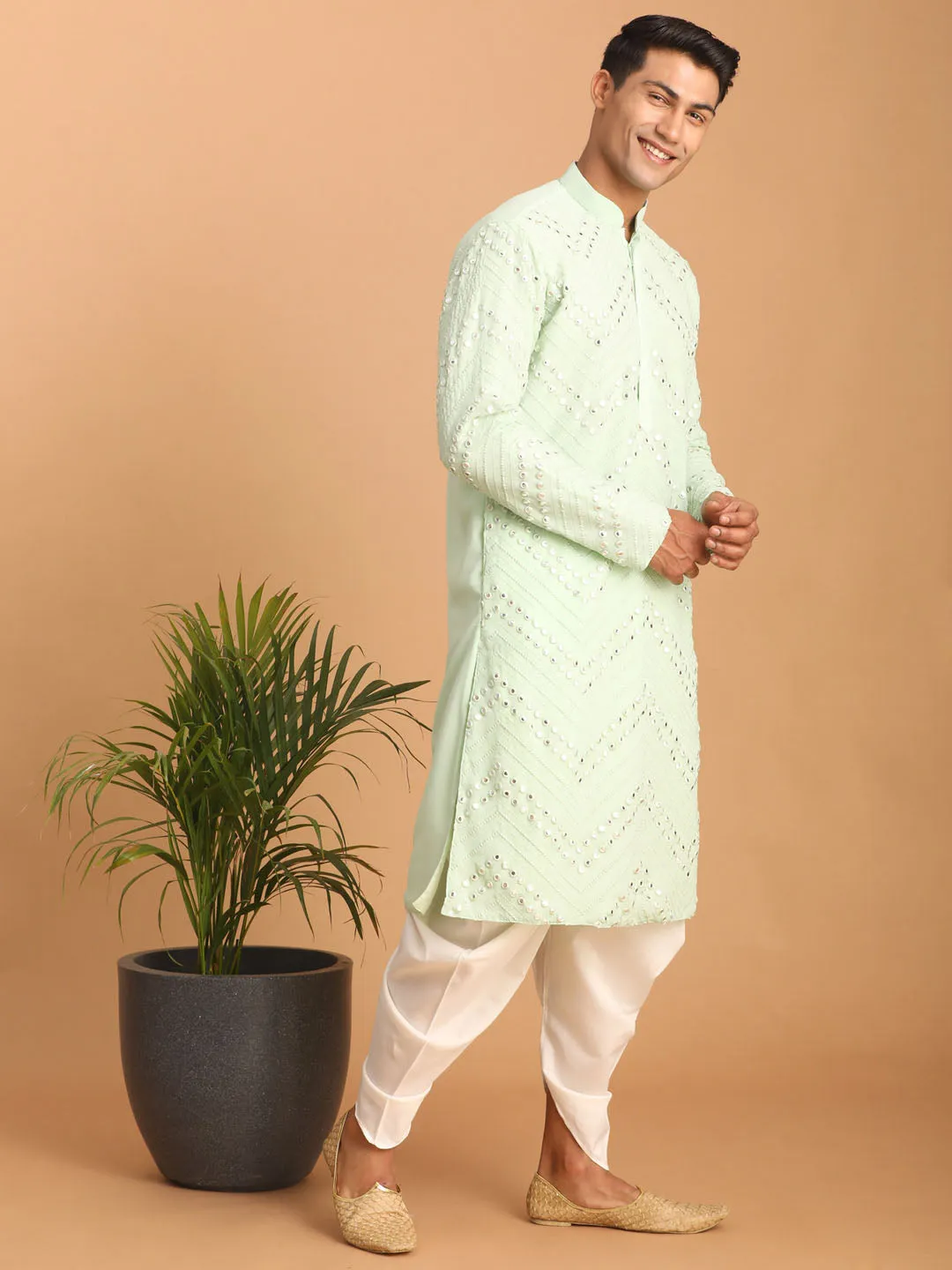 Jashvi Men's Mint Green Mirror Kurta Dhoti Set