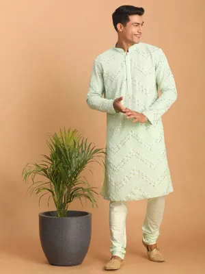 Jashvi Men's Mint Green Mirror Kurta Pyjama Set