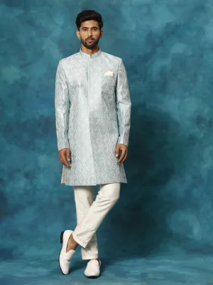 Jashvi Men's Mint Green Pastel Embroidered Sherwani Set