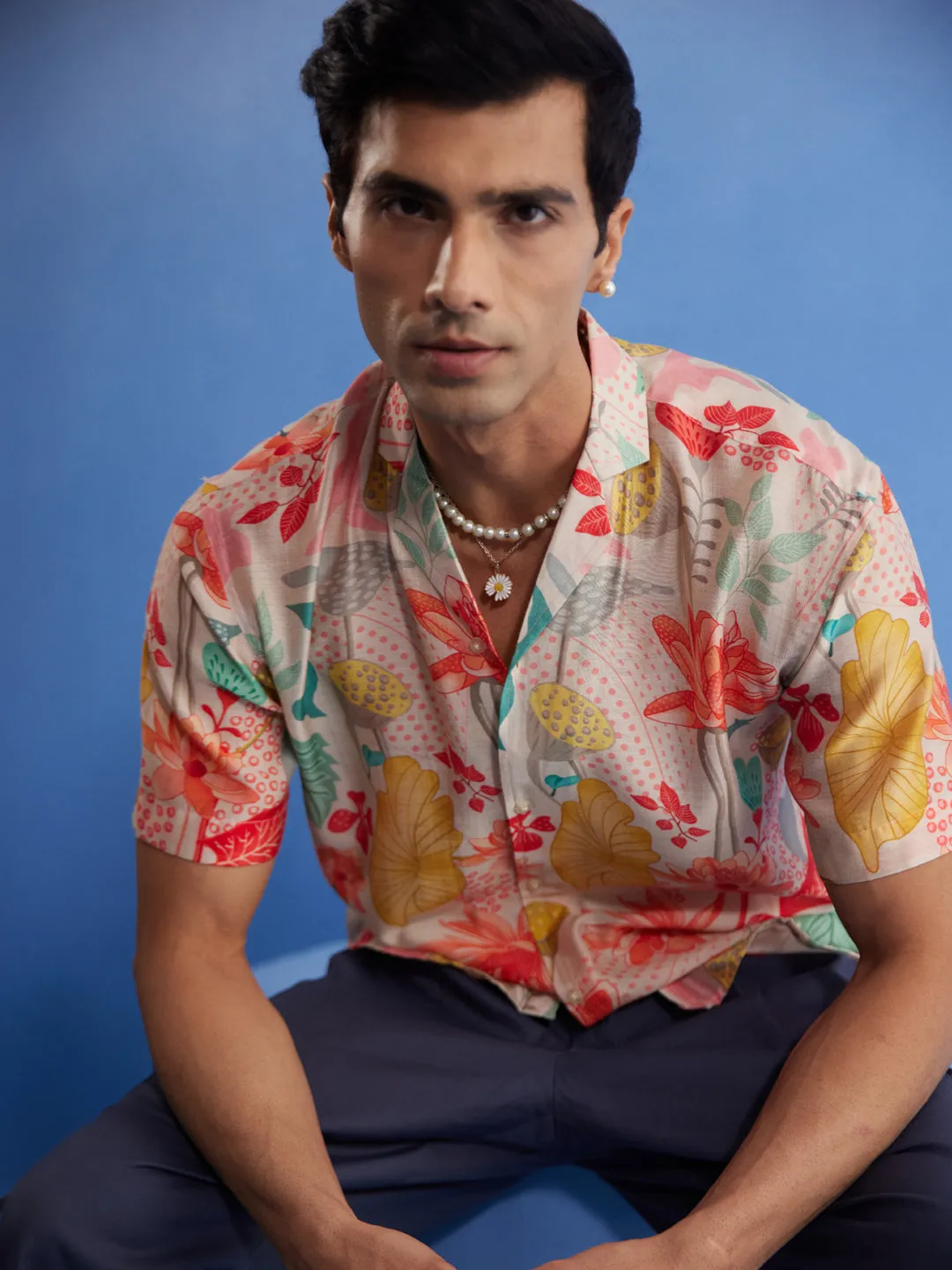 Jashvi Men's Multicolor Floral Printed Half Shirt