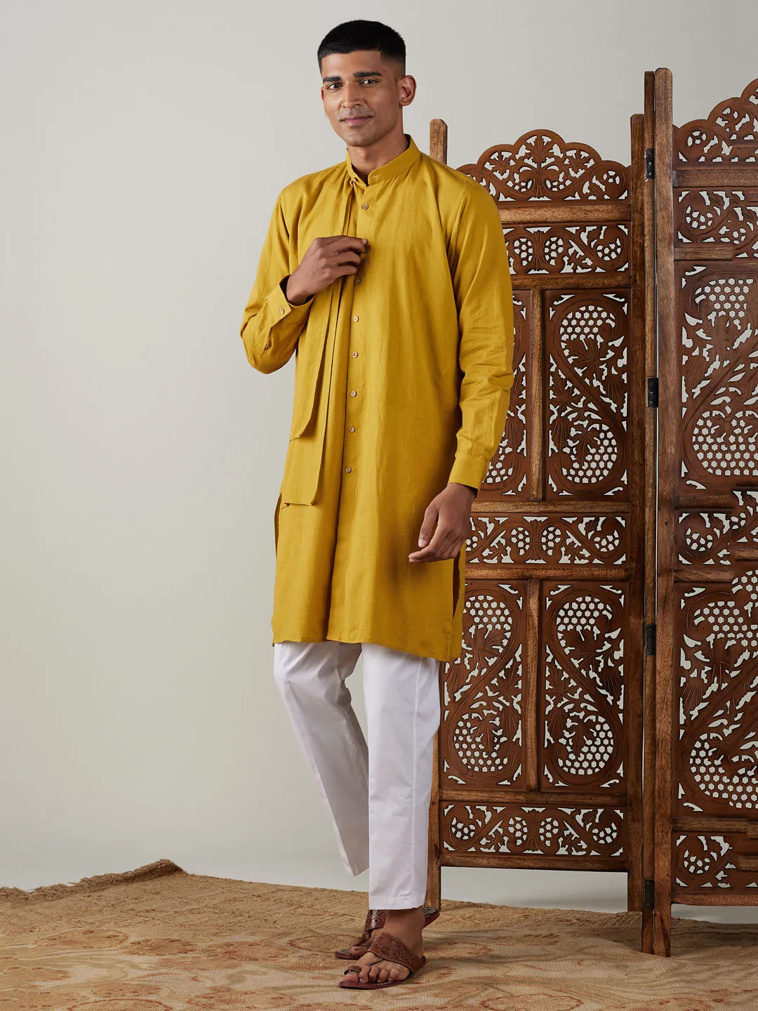 Jashvi Men's Mustard Cotton Cool Dyable Kurta with white Pant Set