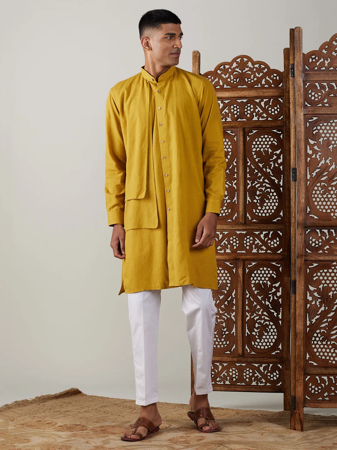 Jashvi Men's Mustard Cotton Cool Dyable Kurta with white Pant Set