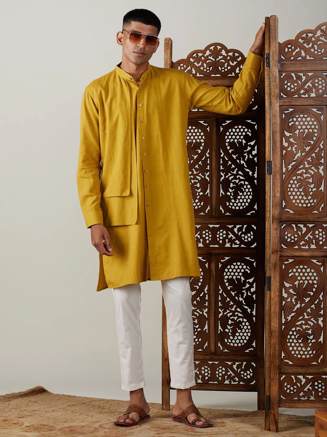 Jashvi Men's Mustard Cotton Cool Dyable Kurta with white Pant Set