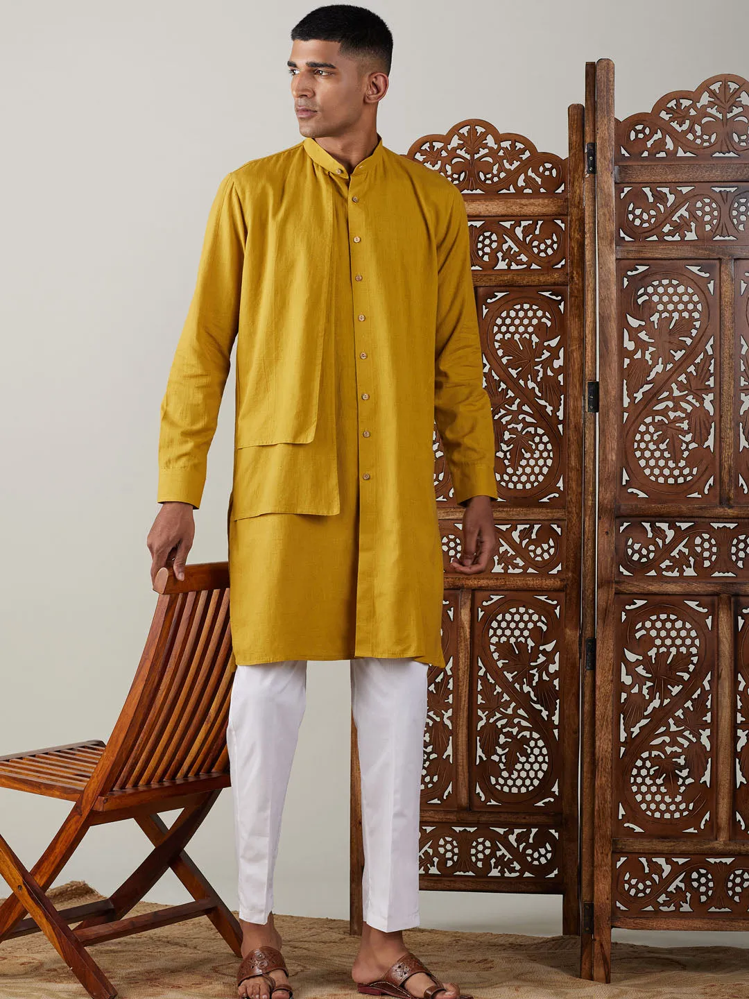 Jashvi Men's Mustard Cotton Cool Dyable Kurta with white Pant Set