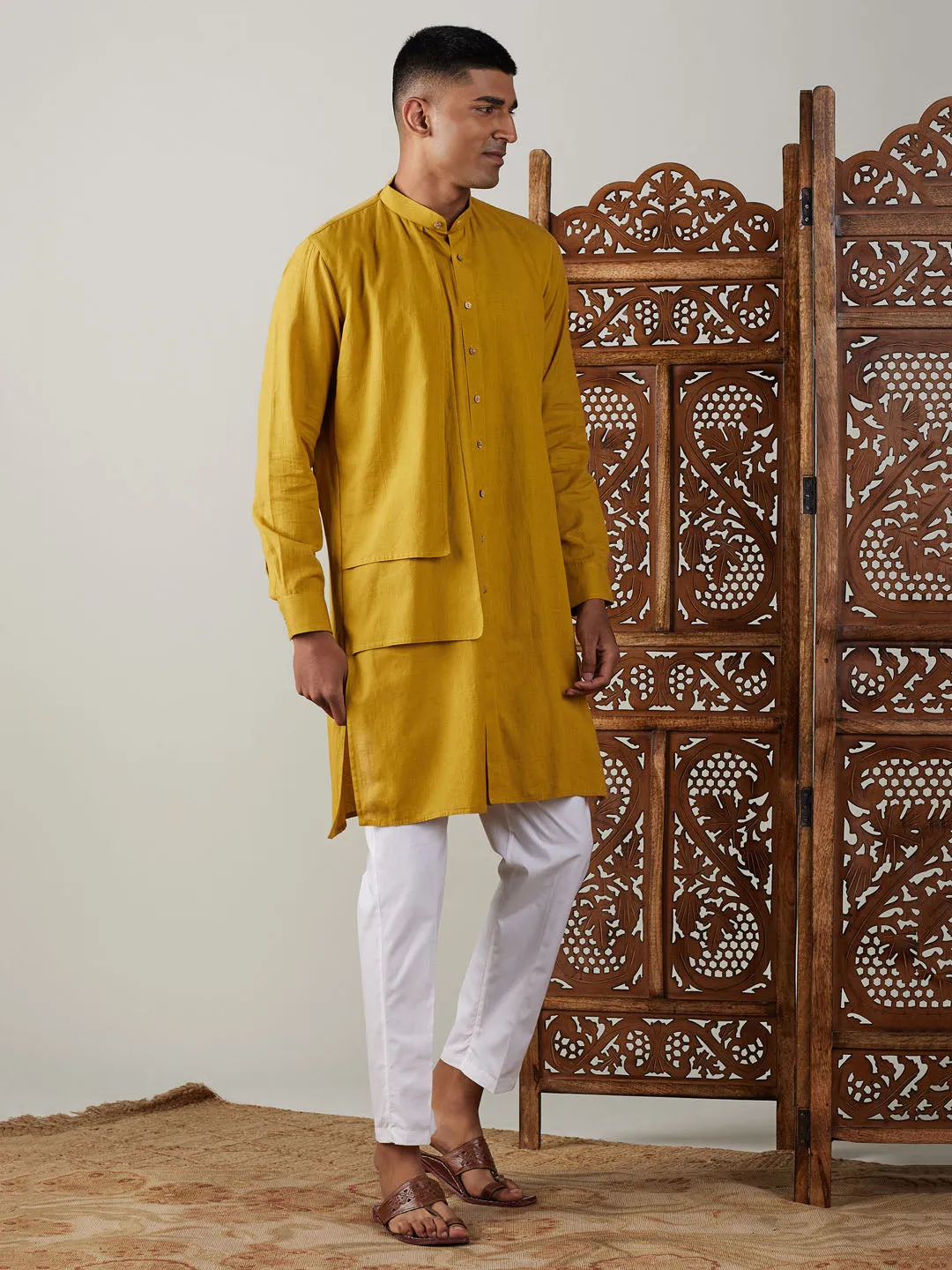 Jashvi Men's Mustard Cotton Cool Dyable Kurta with white Pant Set