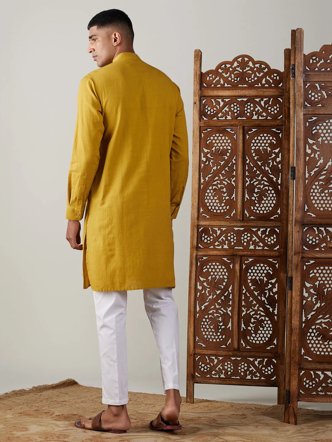 Jashvi Men's Mustard Cotton Cool Dyable Kurta with white Pant Set