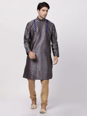 Jashvi Men's Navy Blue Cotton Silk Blend Kurta and Churidar Set