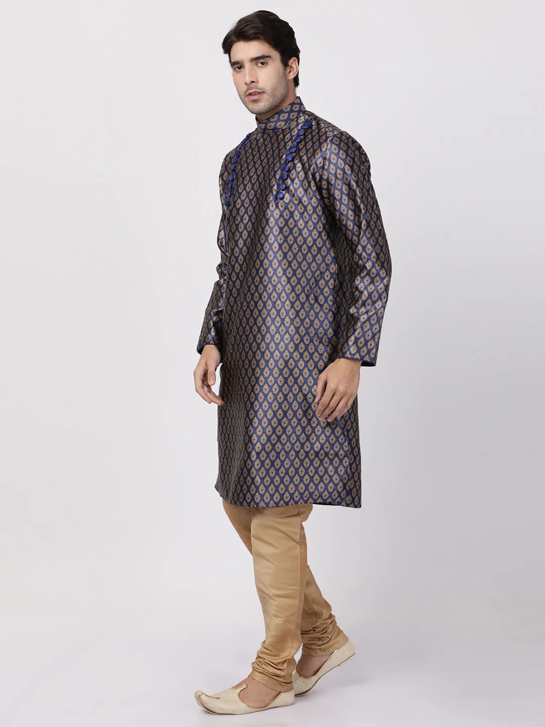 Jashvi Men's Navy Blue Cotton Silk Blend Kurta and Churidar Set