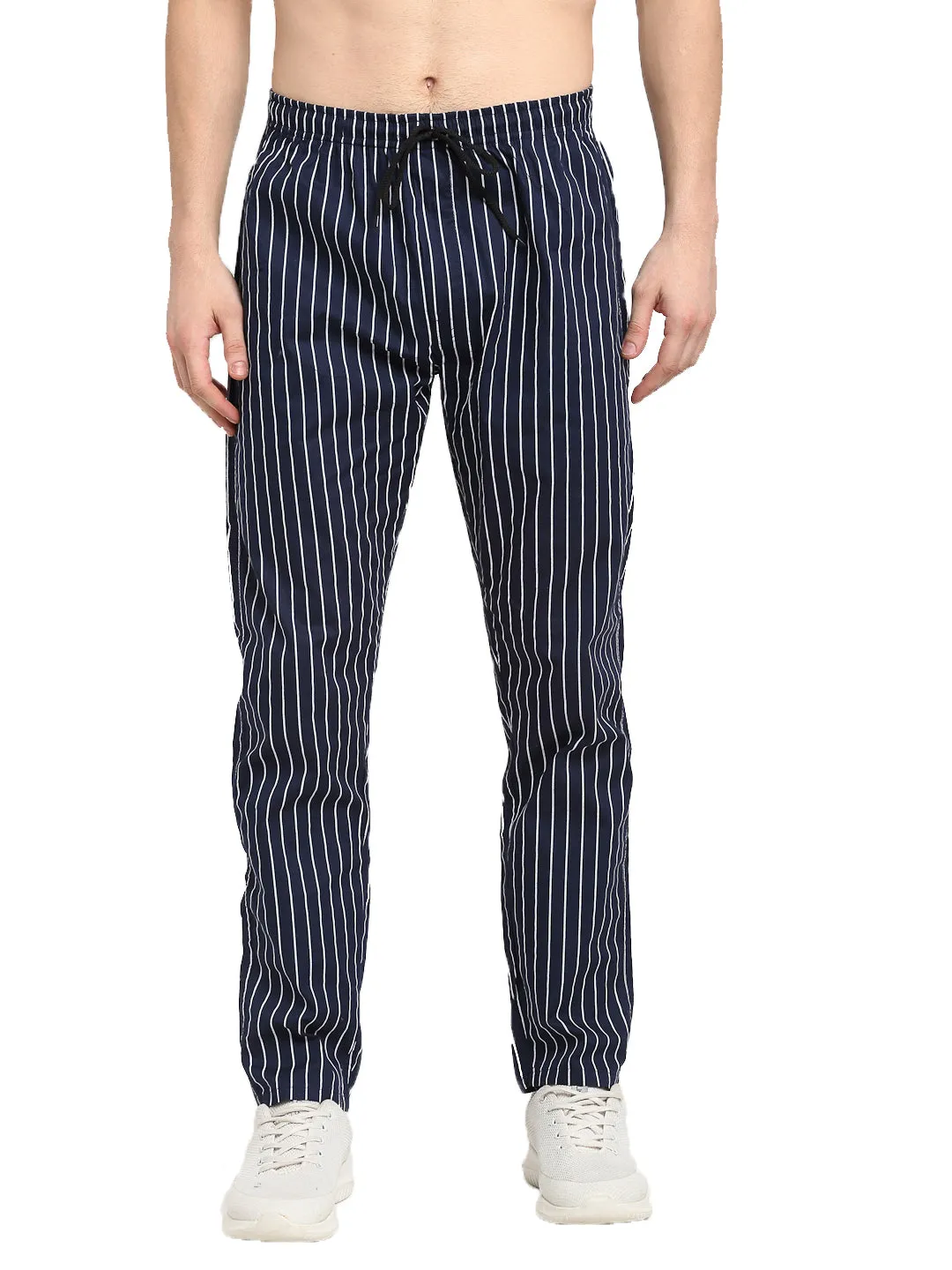 Jashvi Men's Navy Blue Cotton Striped Track Pants