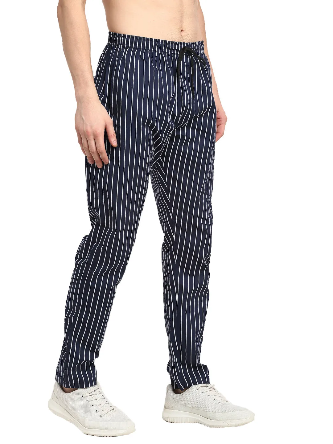 Jashvi Men's Navy Blue Cotton Striped Track Pants