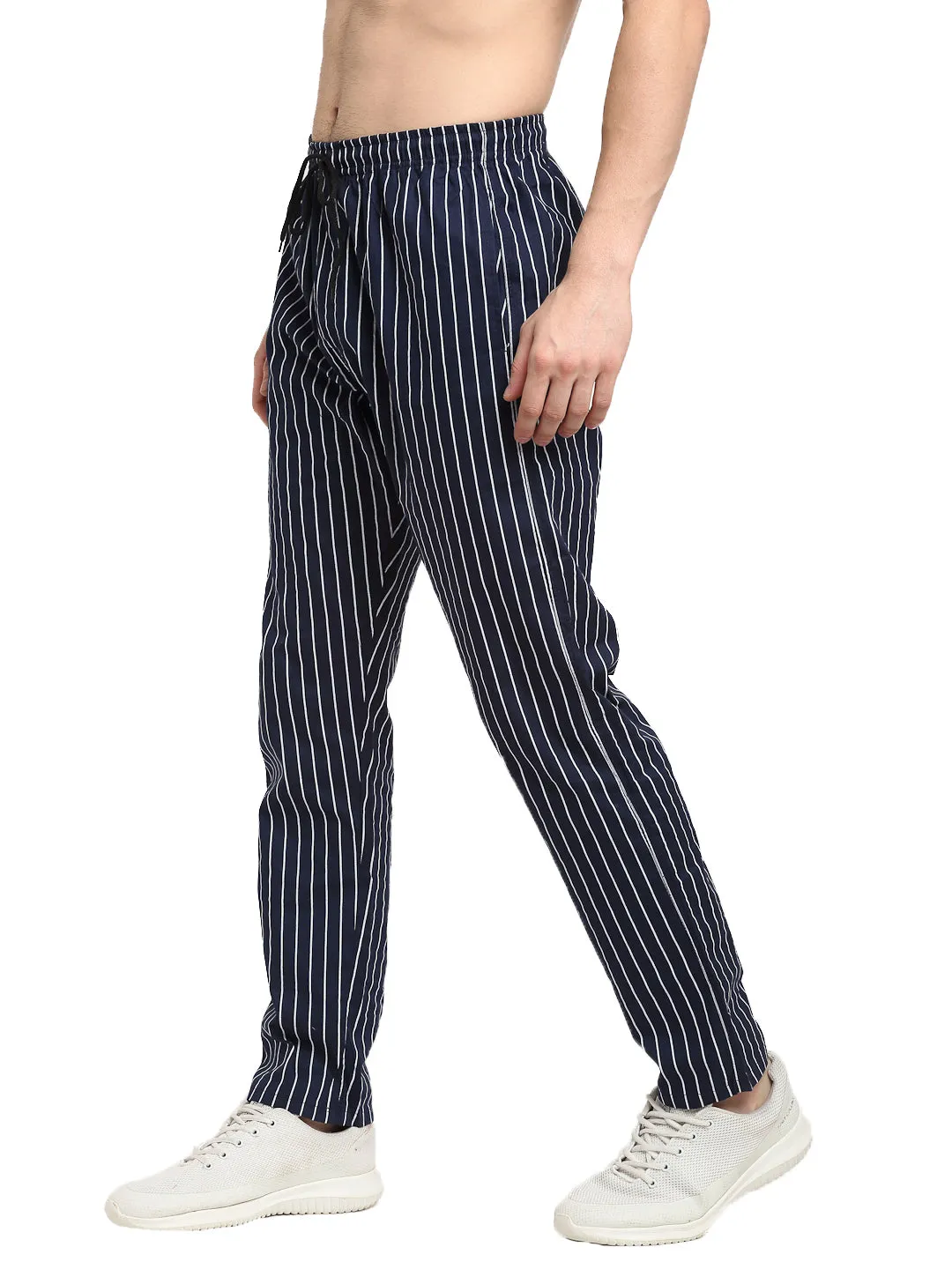 Jashvi Men's Navy Blue Cotton Striped Track Pants