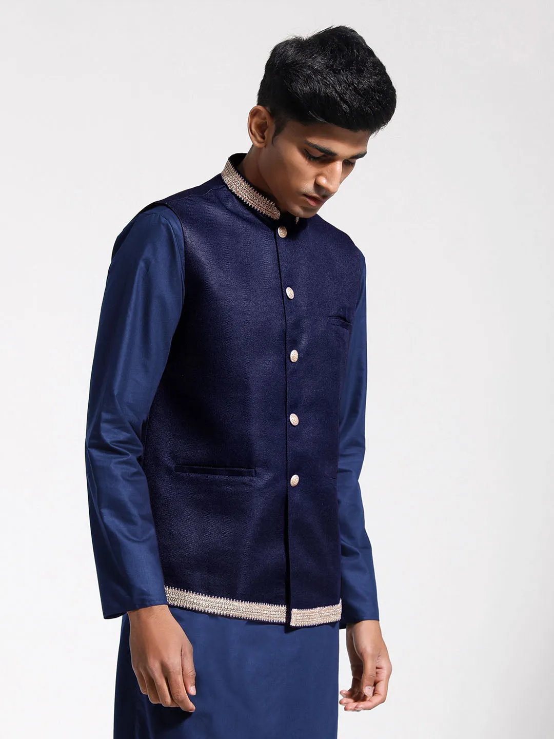 Jashvi Men's Navy Blue Jute Nehru Jacket