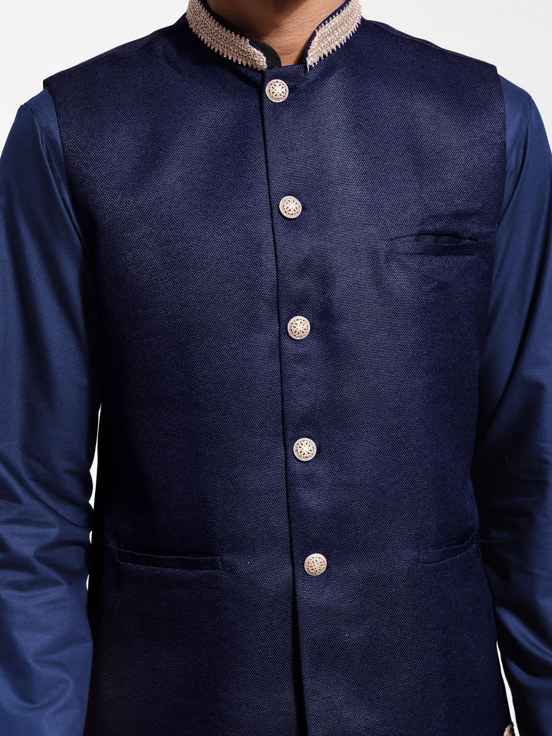 Jashvi Men's Navy Blue Jute Nehru Jacket