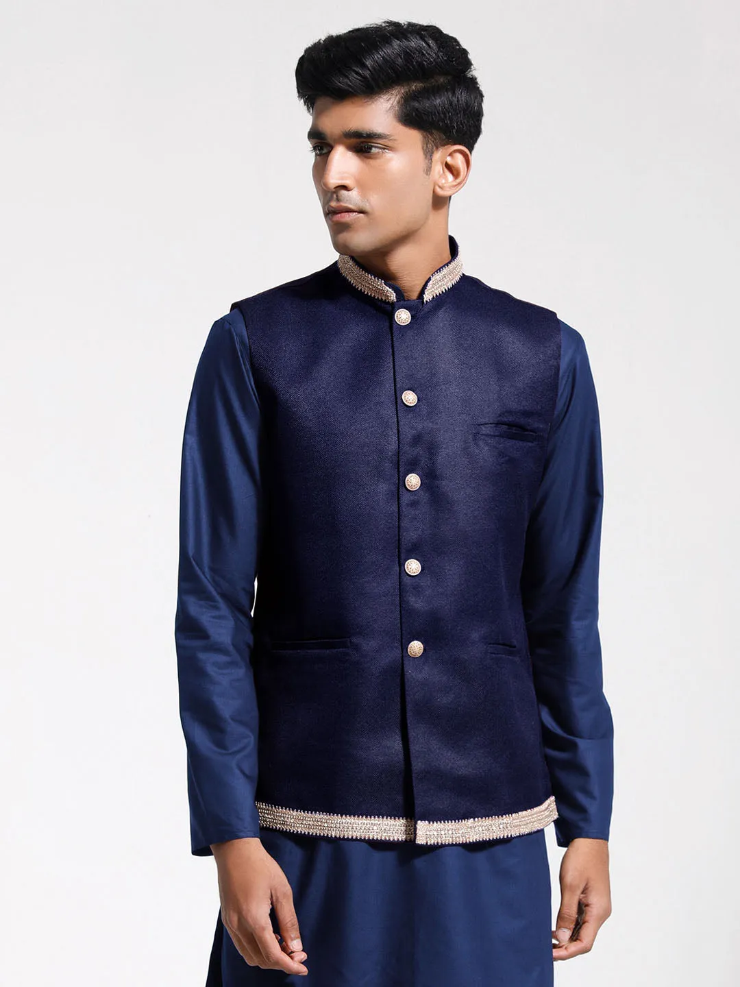 Jashvi Men's Navy Blue Jute Nehru Jacket