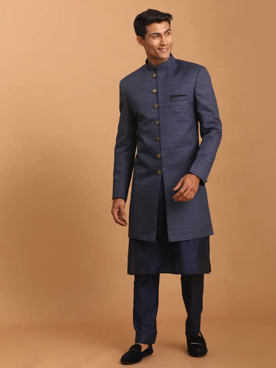 Jashvi Men's Navy Blue Sherwani With Kurta Pant Set