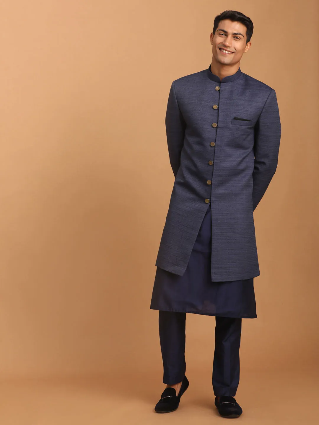 Jashvi Men's Navy Blue Sherwani With Kurta Pant Set