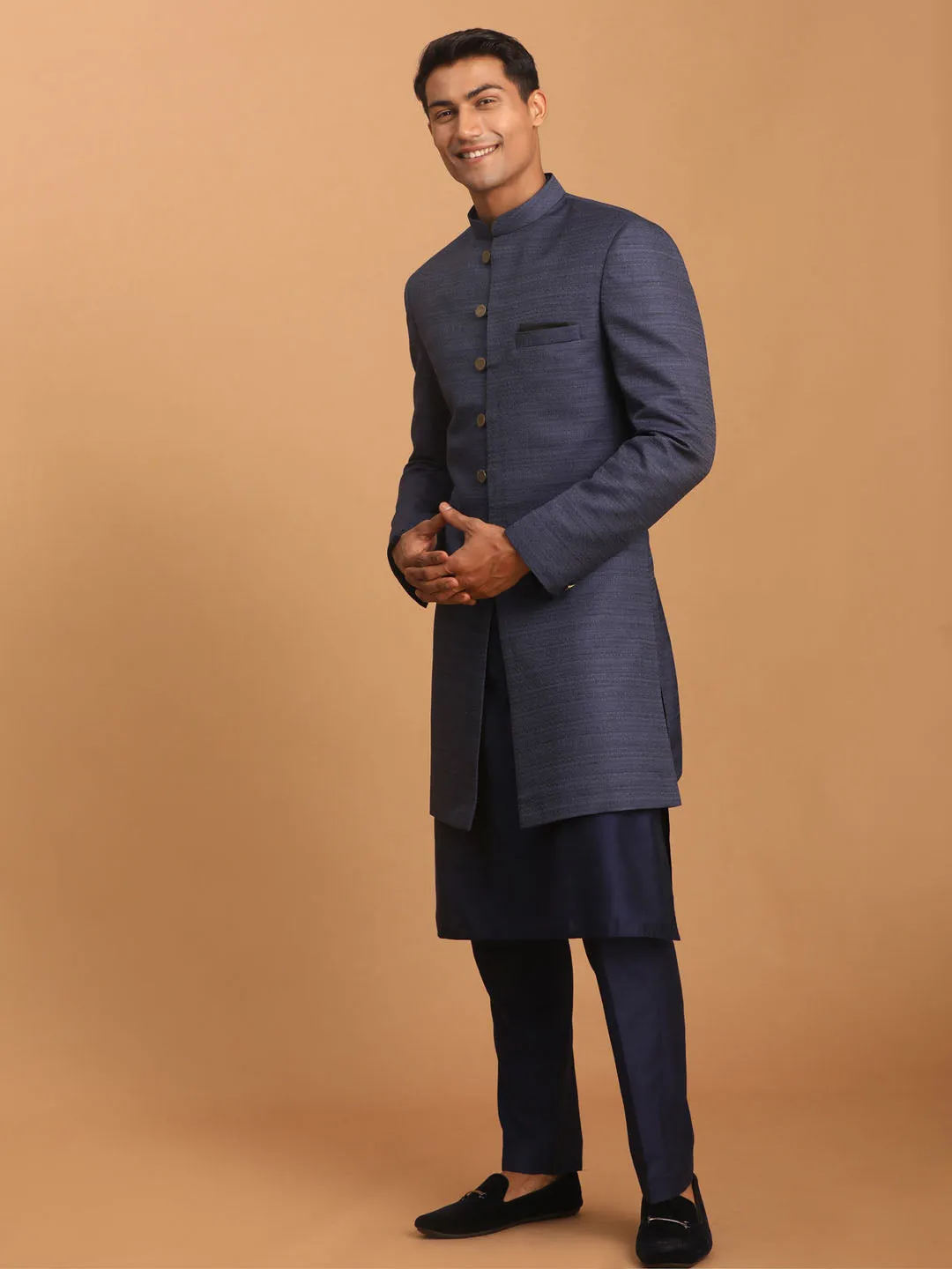 Jashvi Men's Navy Blue Sherwani With Kurta Pant Set