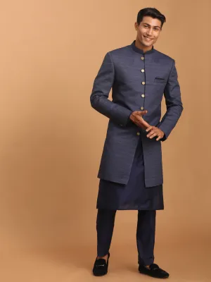 Jashvi Men's Navy Blue Sherwani With Kurta Pant Set