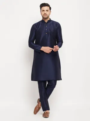 Jashvi Men's Navy Blue Silk Blend Kurta and Navy Blue Pant Style Pyjama Set